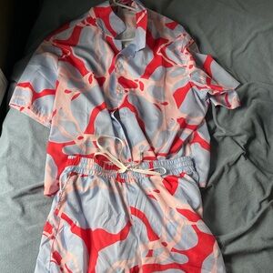 2 Piece Mens Vacation Button Down Shirt and Matching drawstring Shorts | Medium